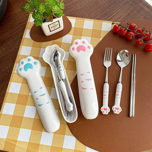 Cat Paw Travel Utensil Set | Stainless Steel Metal Flatware with Case