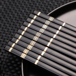 Black Metal with Gold Accent Non-Slip Luxury Chopsticks - 10 Pair Set