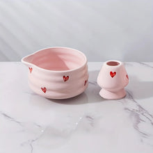 Load image into Gallery viewer, Pink Heart Japanese Matcha Bowl Set | Ceramic Chawan Whisk Holder - 2 Pc