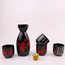 Load image into Gallery viewer, Red Plum Cherry Blossom Sake Set | Sakura 4 Wine Cups 1 Tokkuri Bottle - 5 Pcs