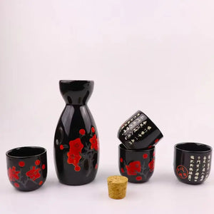 Red Plum Cherry Blossom Sake Set | Sakura 4 Wine Cups 1 Tokkuri Bottle - 5 Pcs