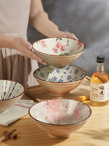 Pink Flower Japanese Bowls | Vintage Large Ceramic Noodle Ramen Soup - 1 Pc