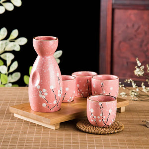 Pink Sakura Japanese Sake Set | Blue Cherry Blossom Ceramic Tokkuri Sake Bottle and 4 Cups Tray Sets