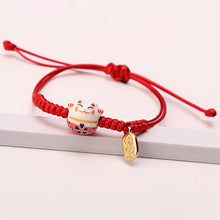 Load image into Gallery viewer, Red Lucky Cat Braided Bracelet | Adjustable Ceramic Kitty Jewelry with Gold Charm - 1 Pc