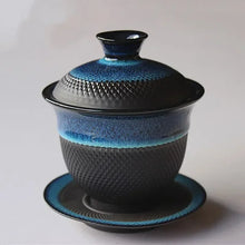 Load image into Gallery viewer, Black &amp; Teal Gaiwan Tea Cup | Handmade Blue Ceramic Teapot Set