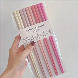 Minimalist Pink Cute Chopsticks| Hexagon Alloy Non-Slip Chopsticks - 5 pairs