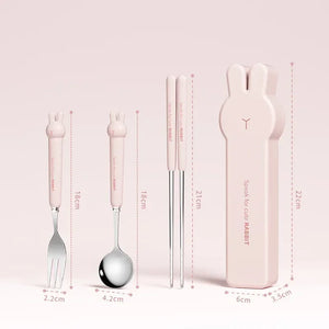 Cute Rabbit Stainless Steel Travel Utensil Set | Pink Metal Chopsticks Spoon Fork