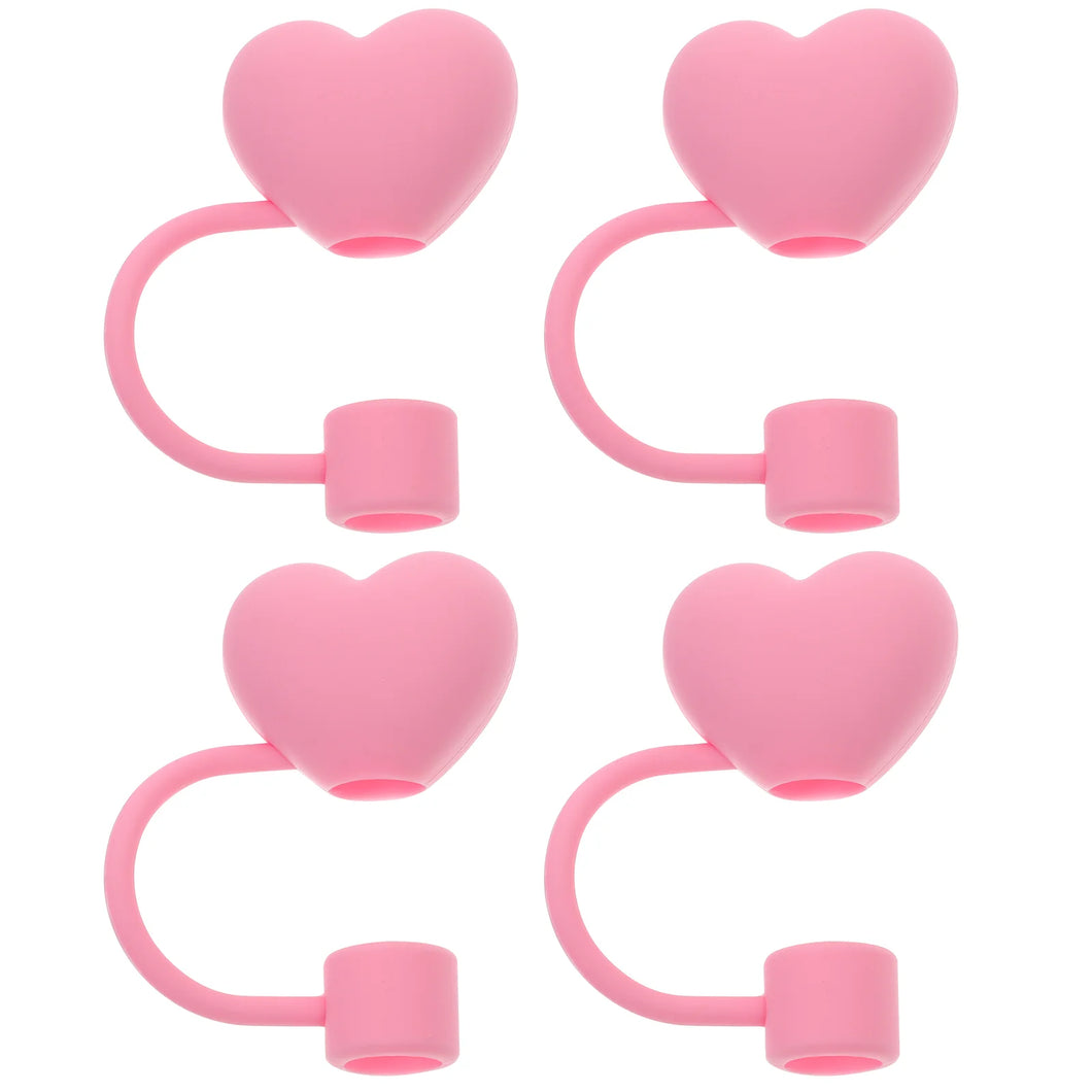 Pink Heart Straw Toppers & Covers | Love Valentines Caps - 4 Pc Set