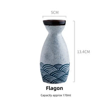 Load image into Gallery viewer, Blue Waves Sake Set | Japanese Painted Ceramic Tokkuri Bottle and Ochoko Cup - 5 Pc