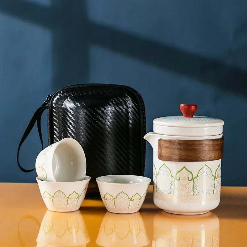 Central Asia Portable Travel Tea Set Ceramic Teapot with Cups & Bag - 1 Set