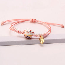 Load image into Gallery viewer, Pink Cute Lucky Cat Braided Bracelet | Adjustable Ceramic Kitty Jewelry with Gold Charm - 1 Pc