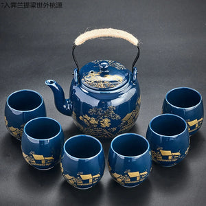 Blue & Gold Glaze Chinese Tea Set | 1 Teapot 6 Tea Cups