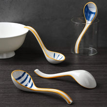 Load image into Gallery viewer, Blue &amp; White Japanese Ceramic Yellow Asian Soup Spoons - 4 Pc Set