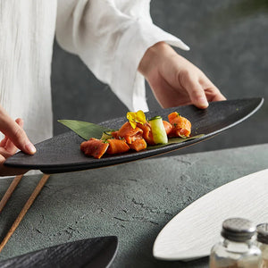 Leaf Shape Sushi Plates | Black White Luxury Japanese Ceramic Serving Trays - 1 Pc