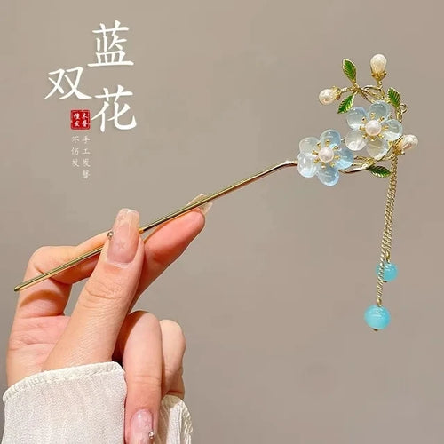 Blue Flower Dangle Hair Sticks | Chinese Gold Plated Metal Pin - 1 Pc