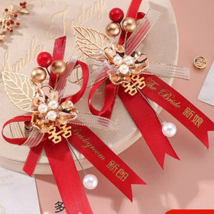 Red Boutonniere Pins | Chinese Wedding Decorative Corsage - 2 Pc Set