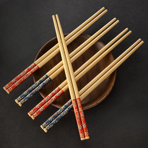 Blue Red Chopsticks Set | Natural Bamboo Japanese Flower -  5/10 Pairs