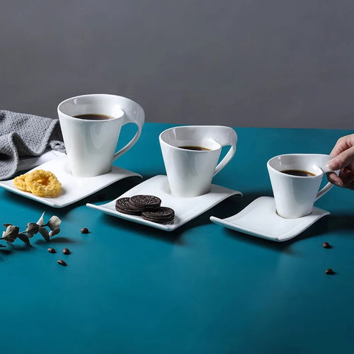 White European Demitasse Cups | Wave Espresso Shots with Saucers - 1 Set