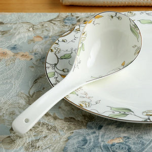 Green Leaf Bone China Soup Ladle | Ceramic Asian Spoon - 1 Pc