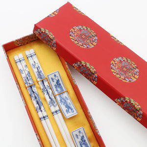 Blue & White Ceramic Chinese Chopsticks Set with Gift Box - 1 Set