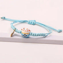 Load image into Gallery viewer, Blue Lucky Cat Braided Bracelet | Adjustable Ceramic Kitty Jewelry with Gold Charm - 1 Pc