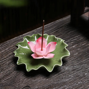 White Lotus Green Leaf Incense Holder | Ceramic Floral Burner Tray - 1 Pc