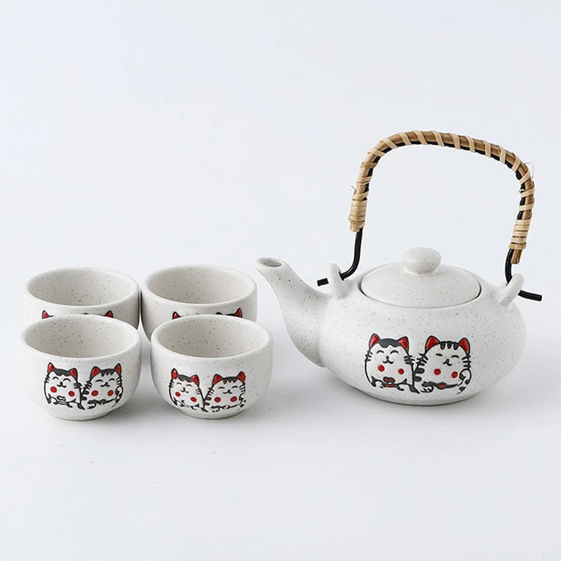 Lucky Cat Teapot with 4 Tea Cups | Ceramic  Japanese Chinese Maneki Neko Set