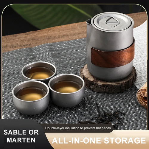 Lightweight Titanium Alloy Portable Tea Cups Teapot Set with Travel Bag - 1 Set