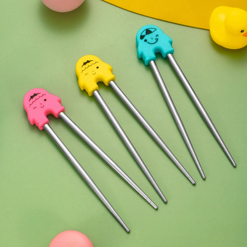 Face Cartoon Training Chopsticks | Pink Yellow Blue Metal Children Utensils - 1 Pc