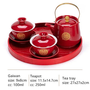 Red Chinese Tea Ceremony Set with Tray | Ceramic Wedding Teapot + Gaiwan Sets