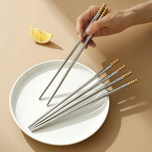 Load image into Gallery viewer, Gold Bead Silver Stainless Steel Metal Korean Portable Travel Chopsticks - 1/5/10 Pairs