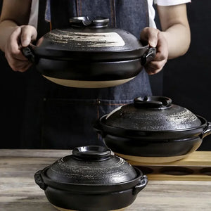 Black Minimal Donabe Pot | Japanese Clay Rice Cookware - 1 Set