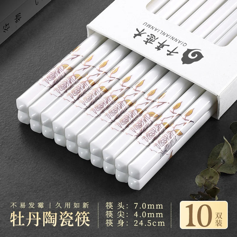 White Rose Ceramic Chopsticks | Luxury Flower Chinese Set -  10/20 Pairs