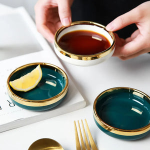 Gold Accent Soy Sauce Dish | Ceramic Japanese Small Seasoning Dish - 1 Pc