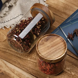 Glass Spice Jars with Dark Wood Lid | Sealed Tea Canister - 1pc