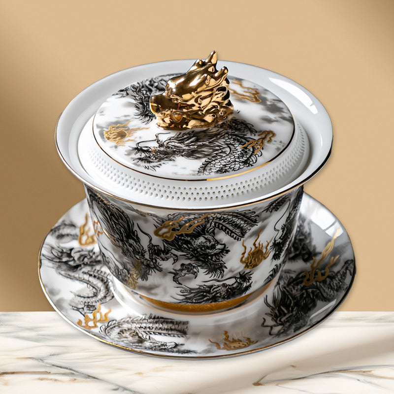 Exquisite Chinese Dark Gold Dragon Gaiwan | Porcelain Tea Set