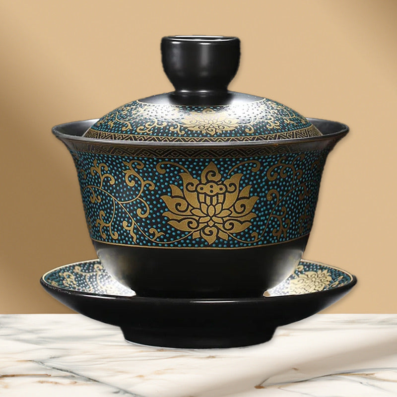 Traditional Lotus Chinese Tea Bowl Gaiwan | Black Lid Bowl Saucer Set
