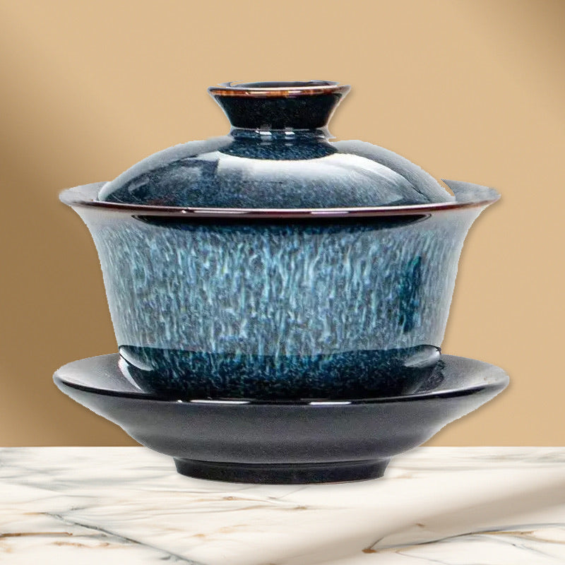 Exquisite Blue Glaze Gaiwan | Textured Steeping Tea Cup with Lid and Saucer - 1 Set