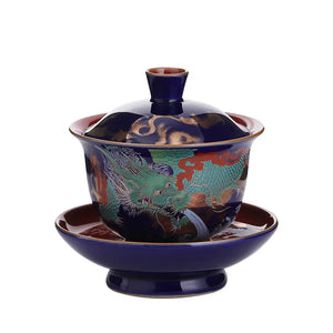 Royal Dragon Gaiwan Tea Bowl Set with Lid Saucer | Blue Ceramic Enamel