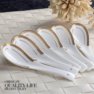 White & Gold Bone China Spoon | Chinese Asian Soup Spoons - 6 Pc Set