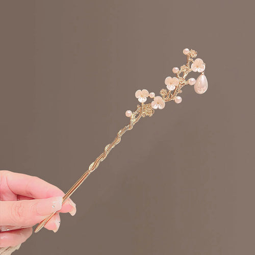 Modern Flower Pearl Hair Sticks | Chinese Gold Plated Metal Pin - 1 Pc