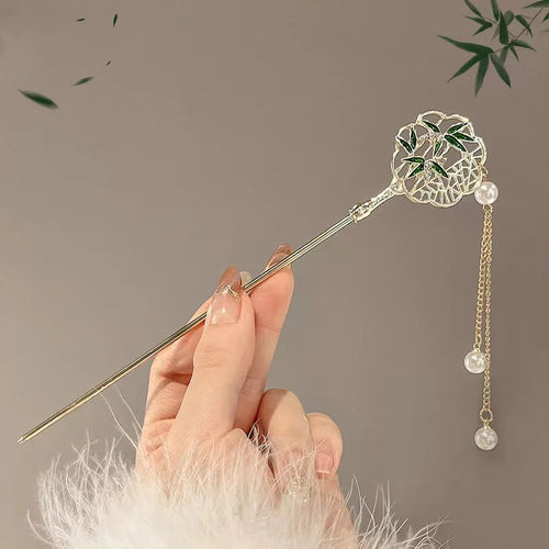 Luxury Green Bamboo Hair Sticks | Chinese Gold Plated Metal Pin - 1 Pc