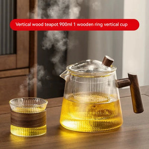 Glass Teapot with Spout and Wooden Handle | Matching Cup - 1 Set