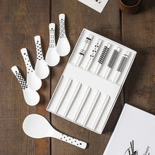 Load image into Gallery viewer, White Ceramic Chopsticks &amp; Asian Soup Spoons Gift with Rice Paddle - 5 Pair Set