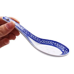 Traditional Blue and White Ceramic Pattern Chinese Soup Spoon for Porridge | 5pcs