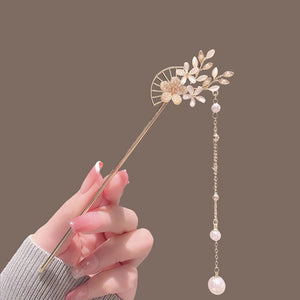 Fan Pearl Drop Hair Sticks | Chinese Gold Plated Metal Pin - 1 Pc