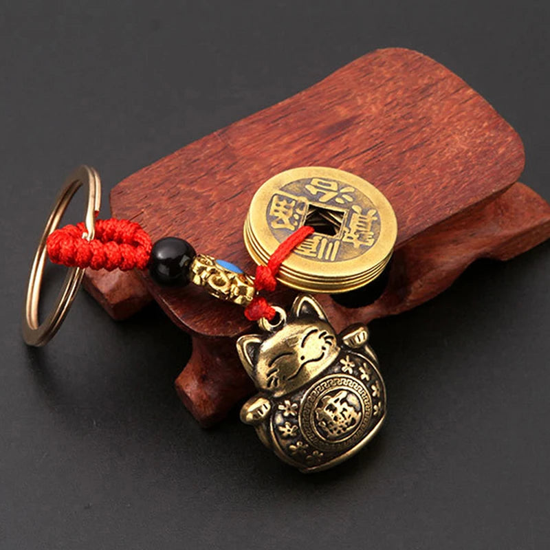 Brass Lucky Cat Keychain | Bronze Fortune Kitty Key Ring - 1 Pc