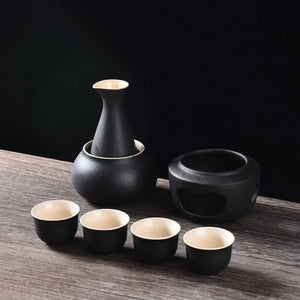 Sake Set with Warmer | Ceramic Tokkuri Sake Bottle, 4 Cups, 1 Warming Cup, 1 Candle Heating Stove - 6 pc