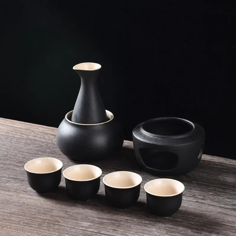 Sake Set with Warmer | Ceramic Sake Bottle, Cup, Heating Stove - 6