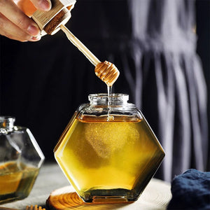 Small Honey Jar with Dipper | Hexagonal Glass Bottle with Wooden Stick - 1 Set